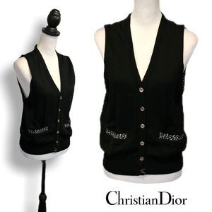 Christian Dior Black & White Button-up Vintage Y2K Sweater Vest w Pockets Size M